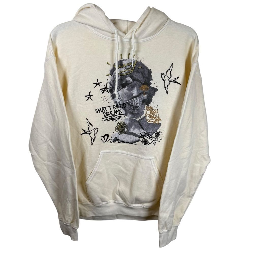New NovaMen Cotton Blend Unisex Cream Graphic Emroidered Hoodie Size Small